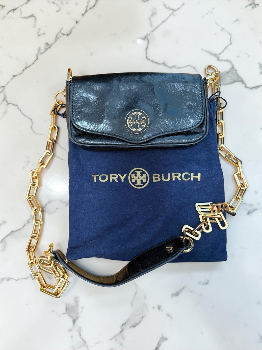 Vintage Tory Burch Black Leather Crossbody with Gold Chain Strap